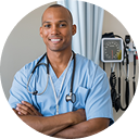 Male nurse practitioner in scrubs